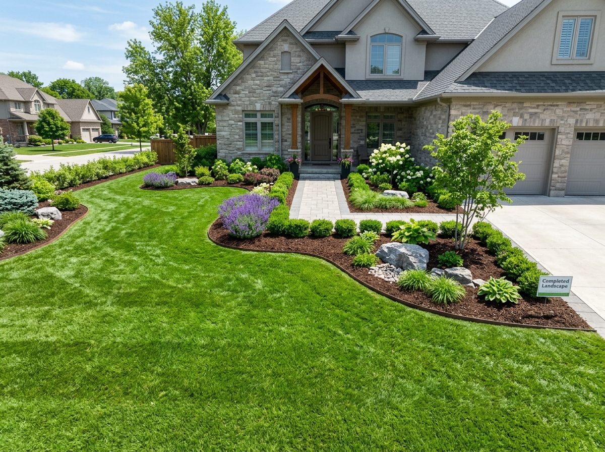 Completed residential landscaping with fresh green sod and garden beds