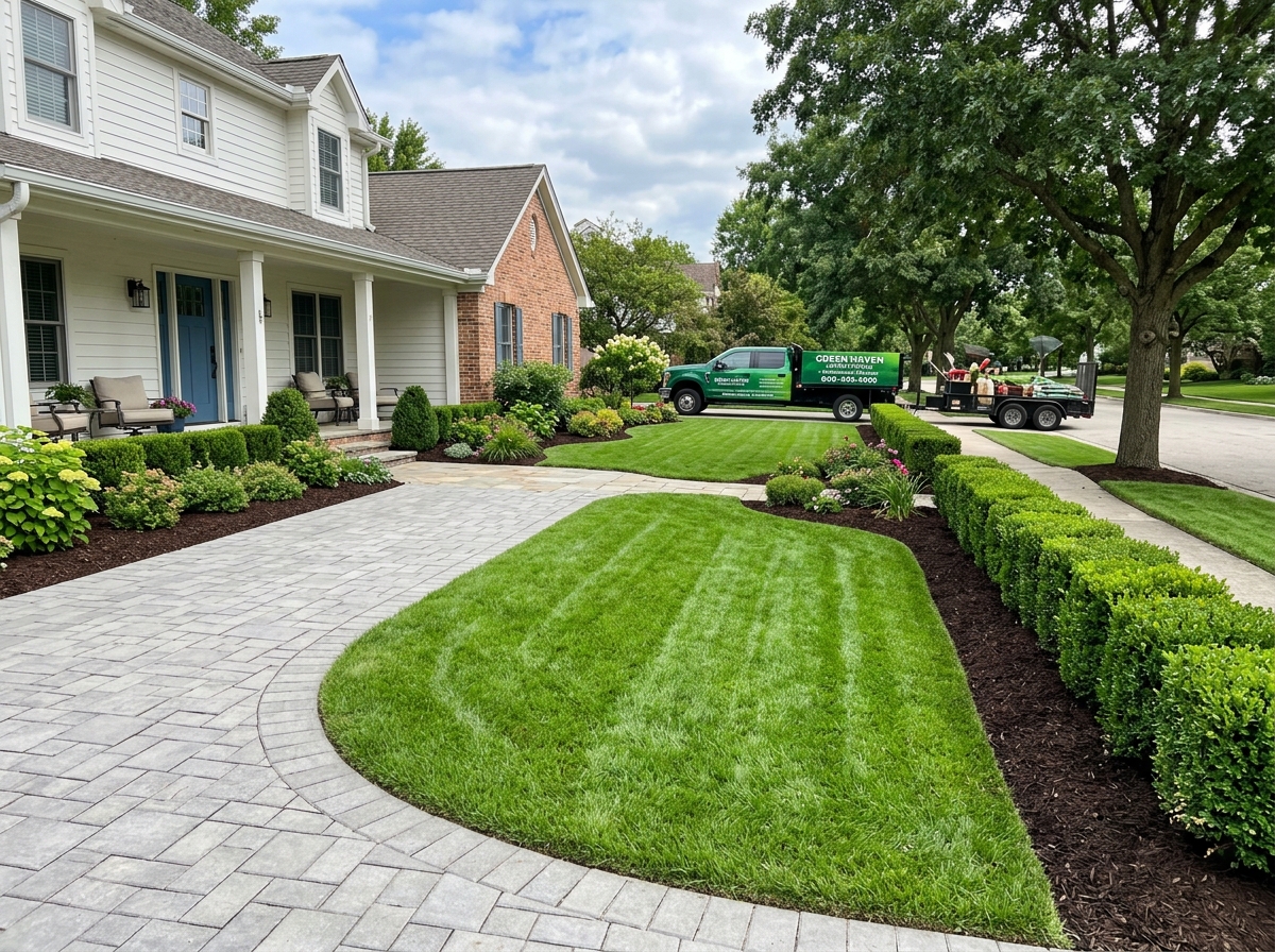 Pristine front yard after total cleanup with clean mulch and trimmed shrubs